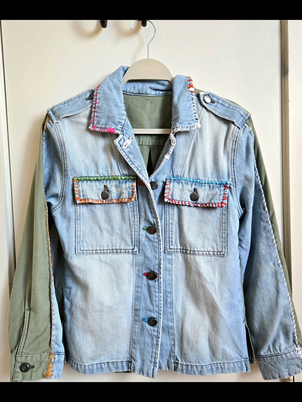 Custom Upcycled Boho Denim Jacket - Mixed Media Cargo Back & Blanket Stitch